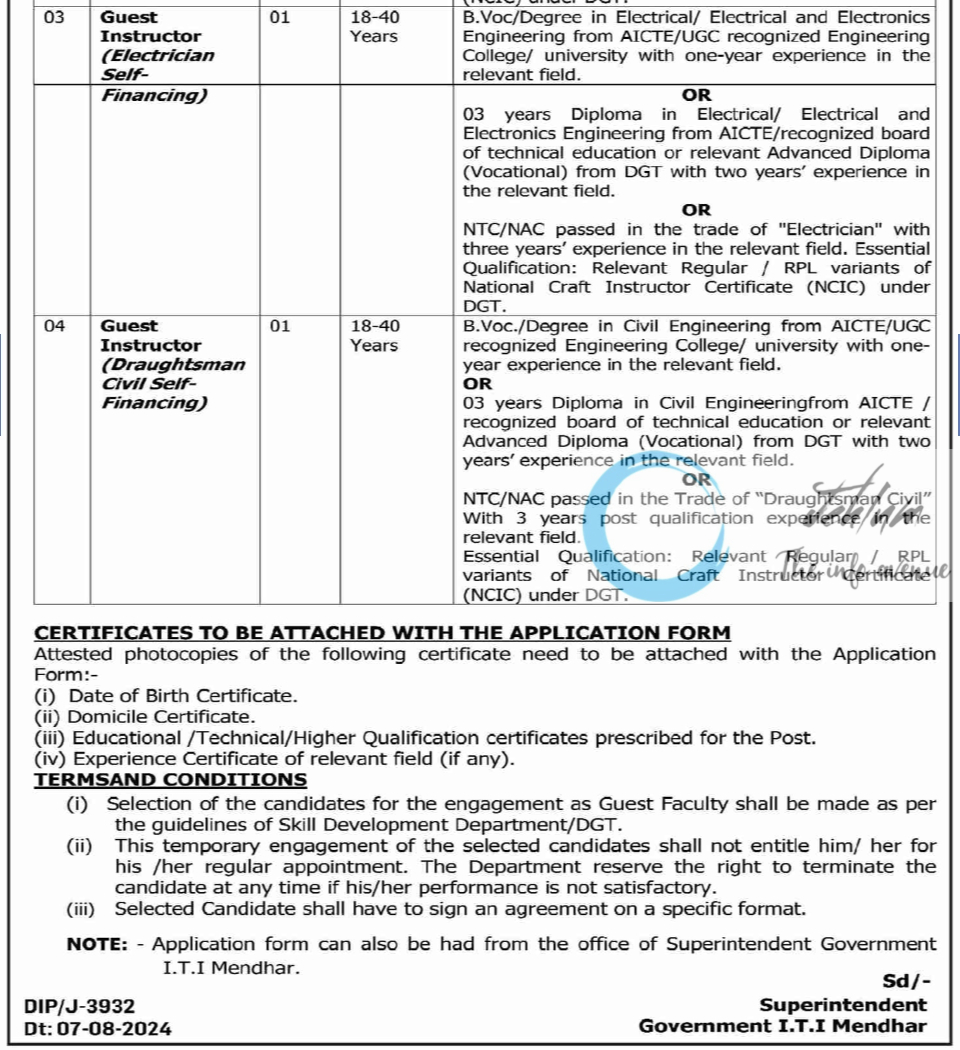 GOVT ITI MENDHAR GUEST FACULTY ADVERTISEMENT NOTICE 2024