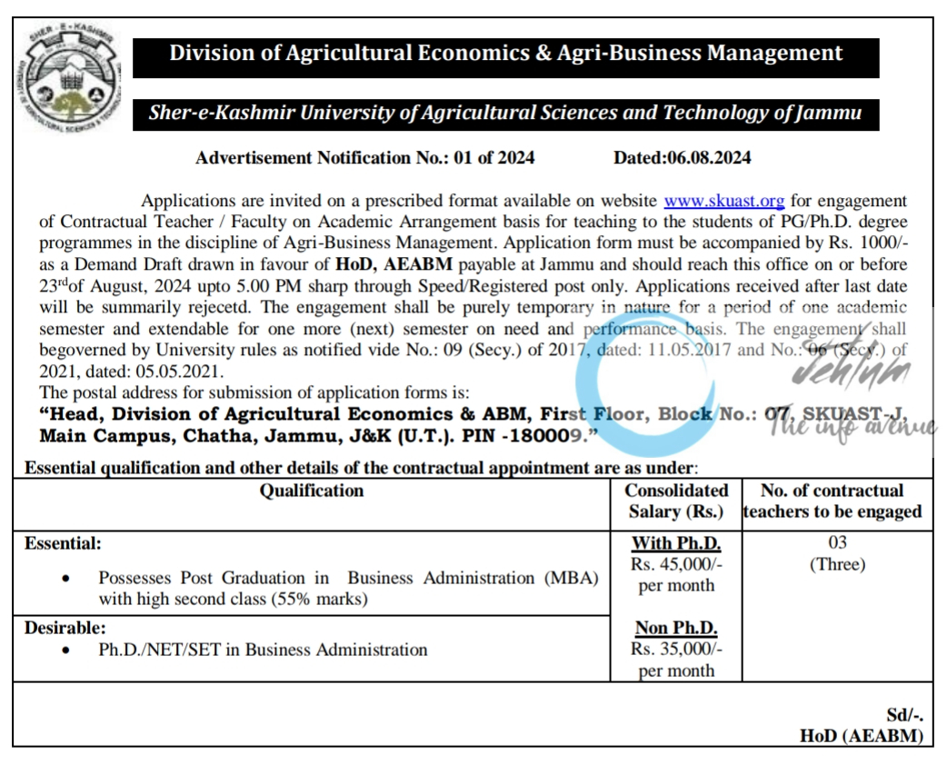 SKUAST Jammu Division of Agricultural Economics & Agri-Business Management Advertisement Notification No 01 of 2024