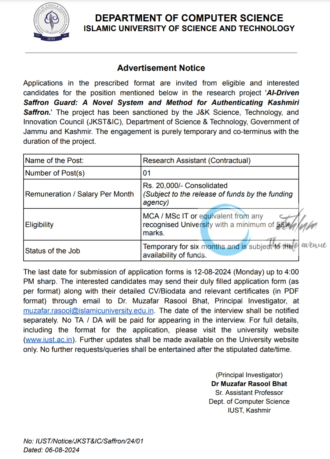 IUST KASHMIR DEPTT OF COMPUTER SCIENCE RESEARCH ASSISTANT ADVERTISEMENT 2024