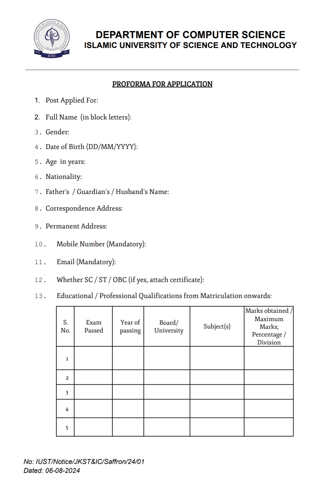 IUST KASHMIR DEPTT OF COMPUTER SCIENCE RESEARCH ASSISTANT ADVERTISEMENT 2024