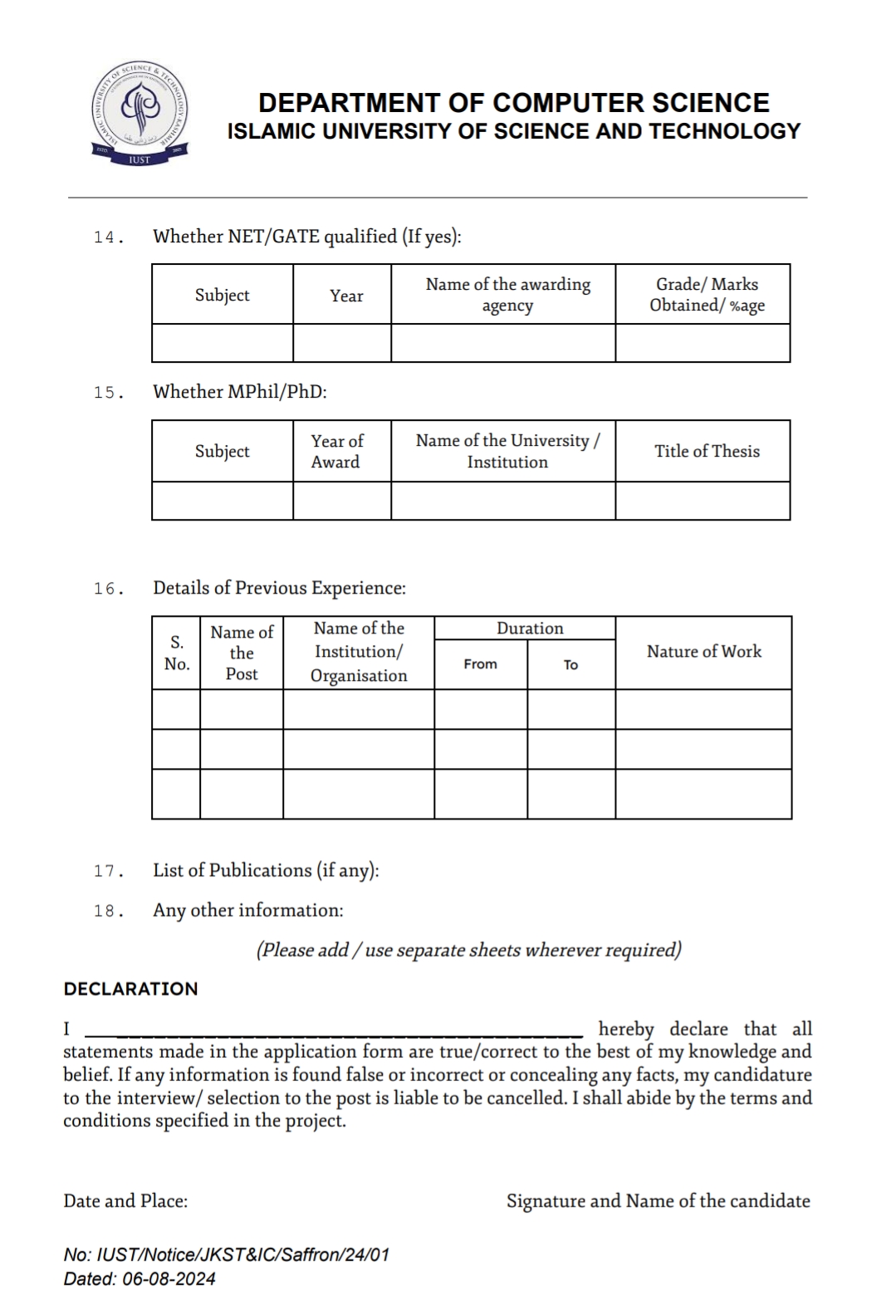 IUST KASHMIR DEPTT OF COMPUTER SCIENCE RESEARCH ASSISTANT ADVERTISEMENT 2024