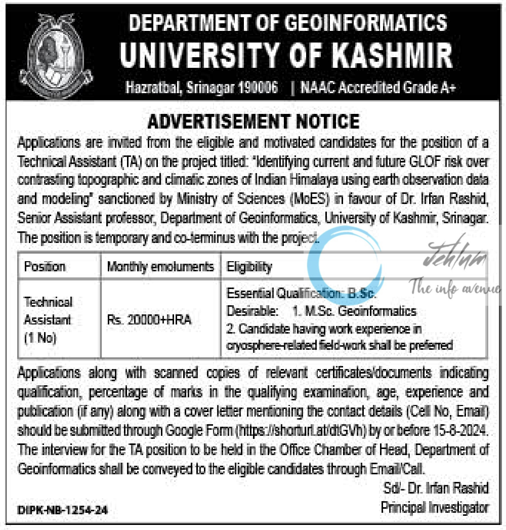 UNIVERSITY OF KASHMIR DEPTT OF GEOINFORMATICS TECHNICAL ASSISTANT ADVERTISEMENT NOTICE 2024