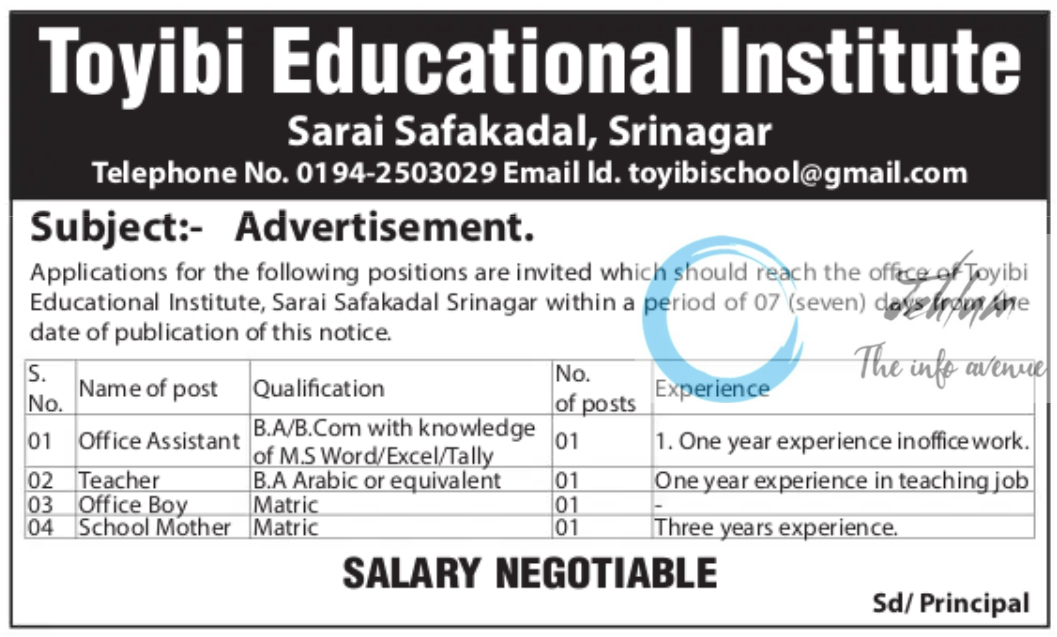 Toyibi Educational Institute Srinagar Jobs 2024