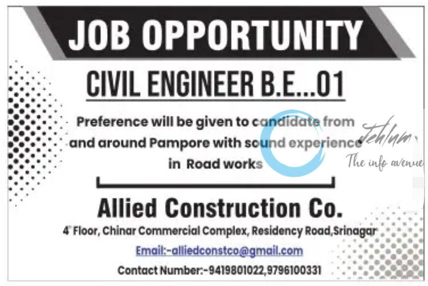 Allied Construction Co Srinagar Civil Engineer Jobs Opportunity 2024