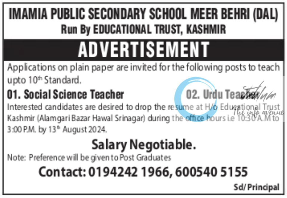 IMAMIA PUBLIC SECONDARY SCHOOL SRINAGAR JOBS 2024