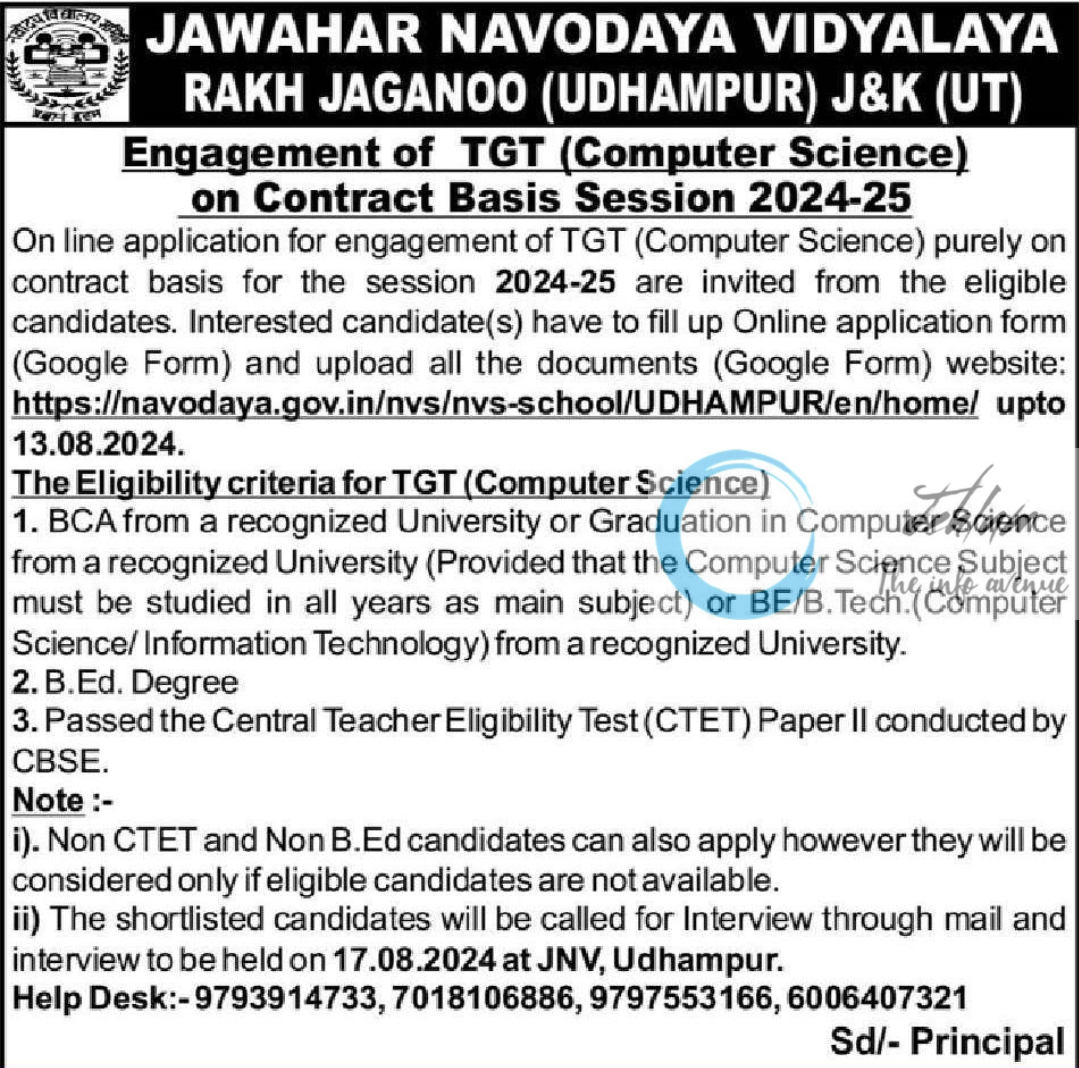 JAWAHAR NAVODAYA VIDYALAYA JNV RAKH JAGANOO TGT RECRUITMENT NOTICE 2024