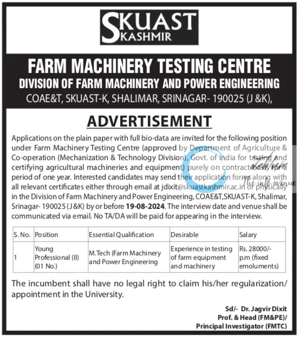 SKUAST KASHMIR FARM MACHINERY TESTING CENTRE YOUNG PROFESSIONAL ADVERTISEMENT NOTICE 2024