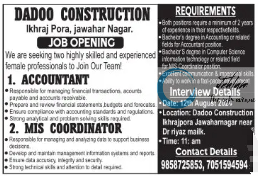 DADOO CONSTRUCTION SRINAGAR JOBS OPENINGS 2024