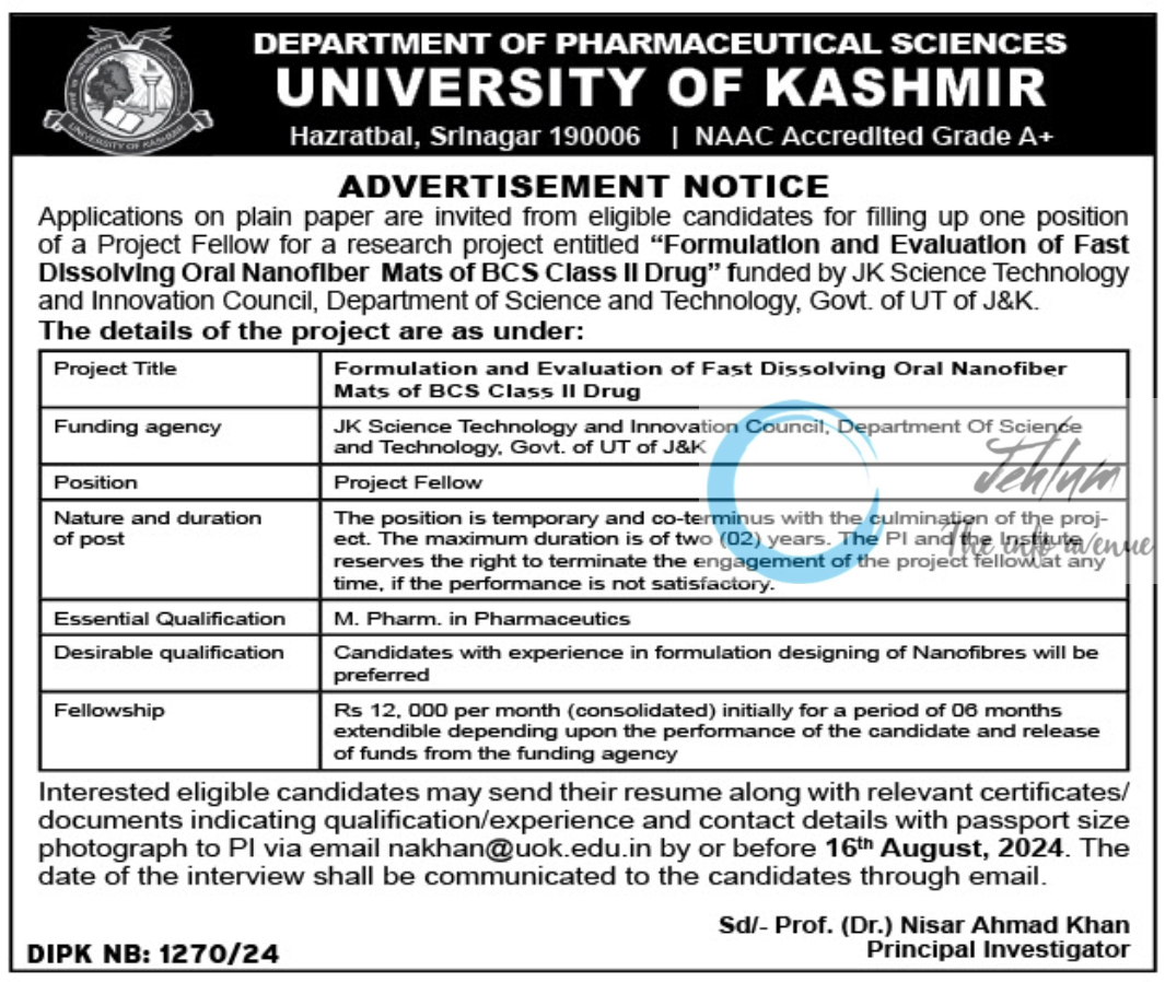 UNIVERSITY OF KASHMIR DEPTT OF PHARMACEUTICAL SCIENCES PROJECT FELLOWS ADVERTISEMENT NOTICE 2024