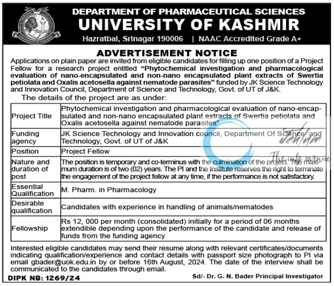 UNIVERSITY OF KASHMIR DEPTT OF PHARMACEUTICAL SCIENCES PROJECT FELLOWS ADVERTISEMENT NOTICE 2024