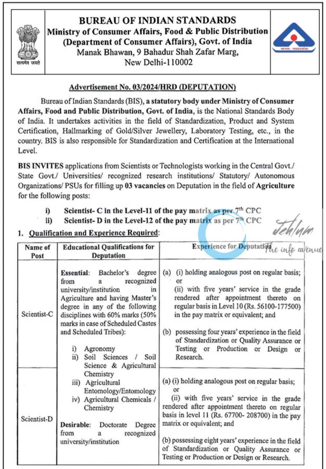 BUREAU OF INDIAN STANDARDS BIS ADVERTISEMENT NO 03/2024/HRD