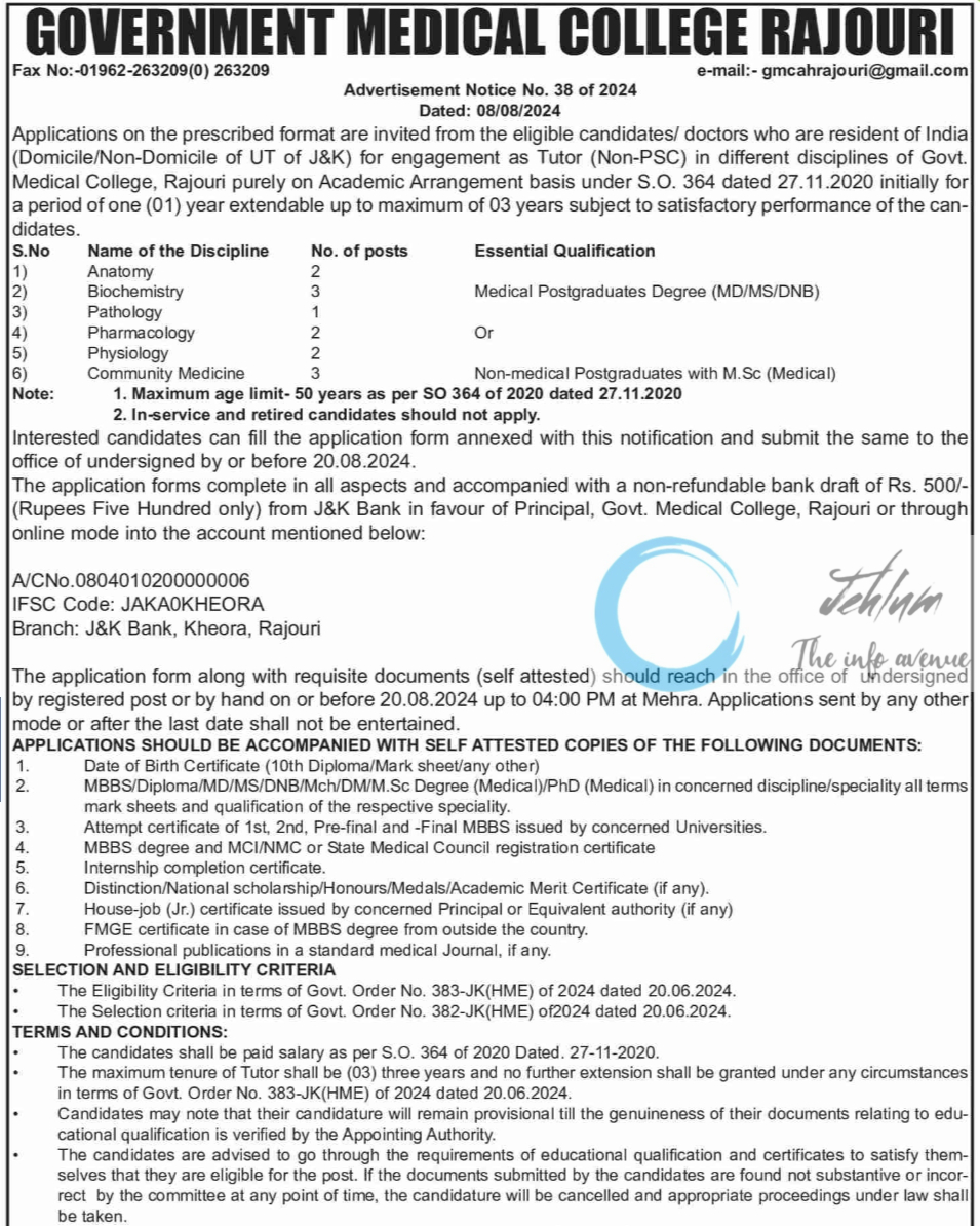 GMC RAJOURI ADVERTISEMENT NOTICE NO 38 OF 2024