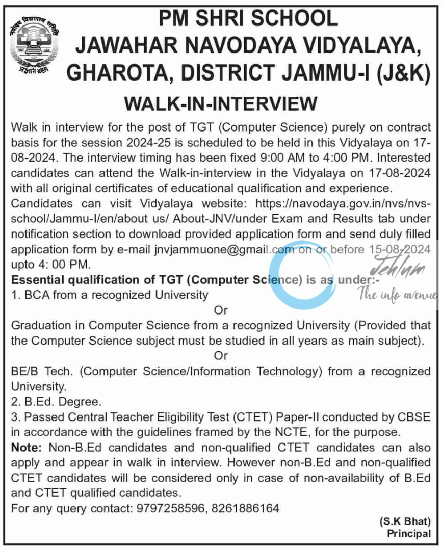 JNV GHAROTA TGT RECRUITMENT WALK-IN-INTERVIEW 2024