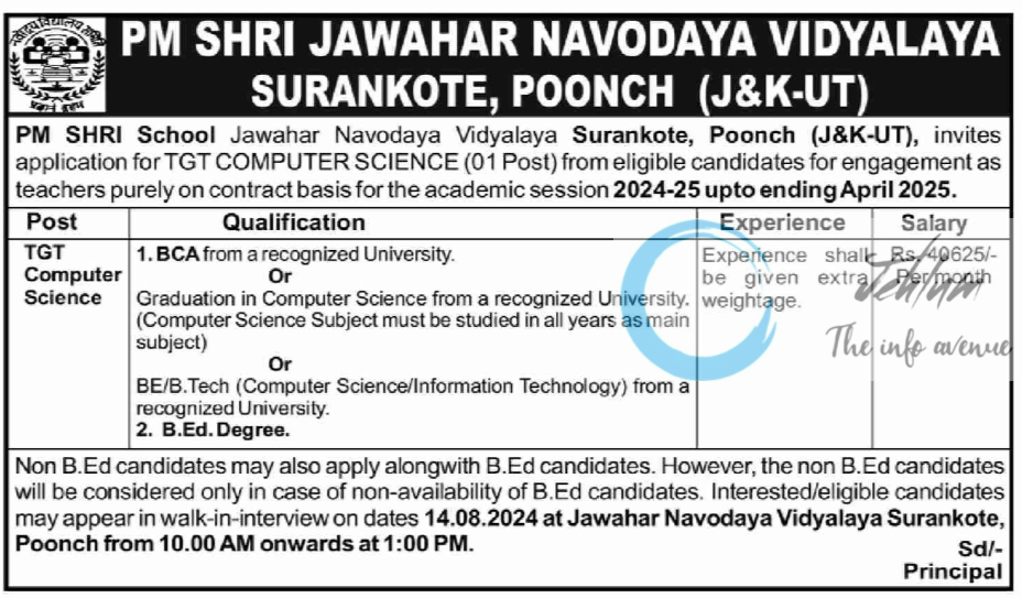 JAWAHAR NAVODAYA VIDYALAYA JNV SURANKOTE TGT RECRUITMENT NOTICE 2024