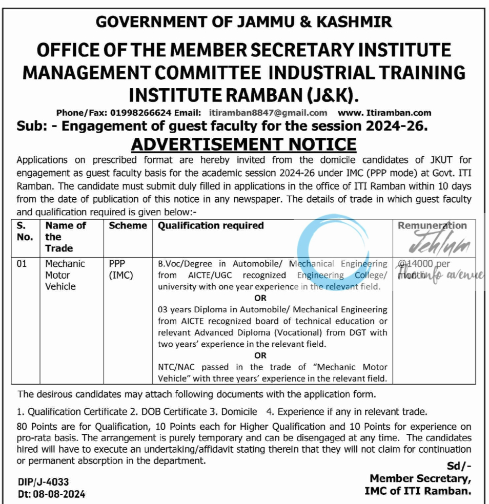 INDUSTRIAL TRAINING INSTITUTE ITI RAMBAN ADVERTISEMENT NOTICE 2024