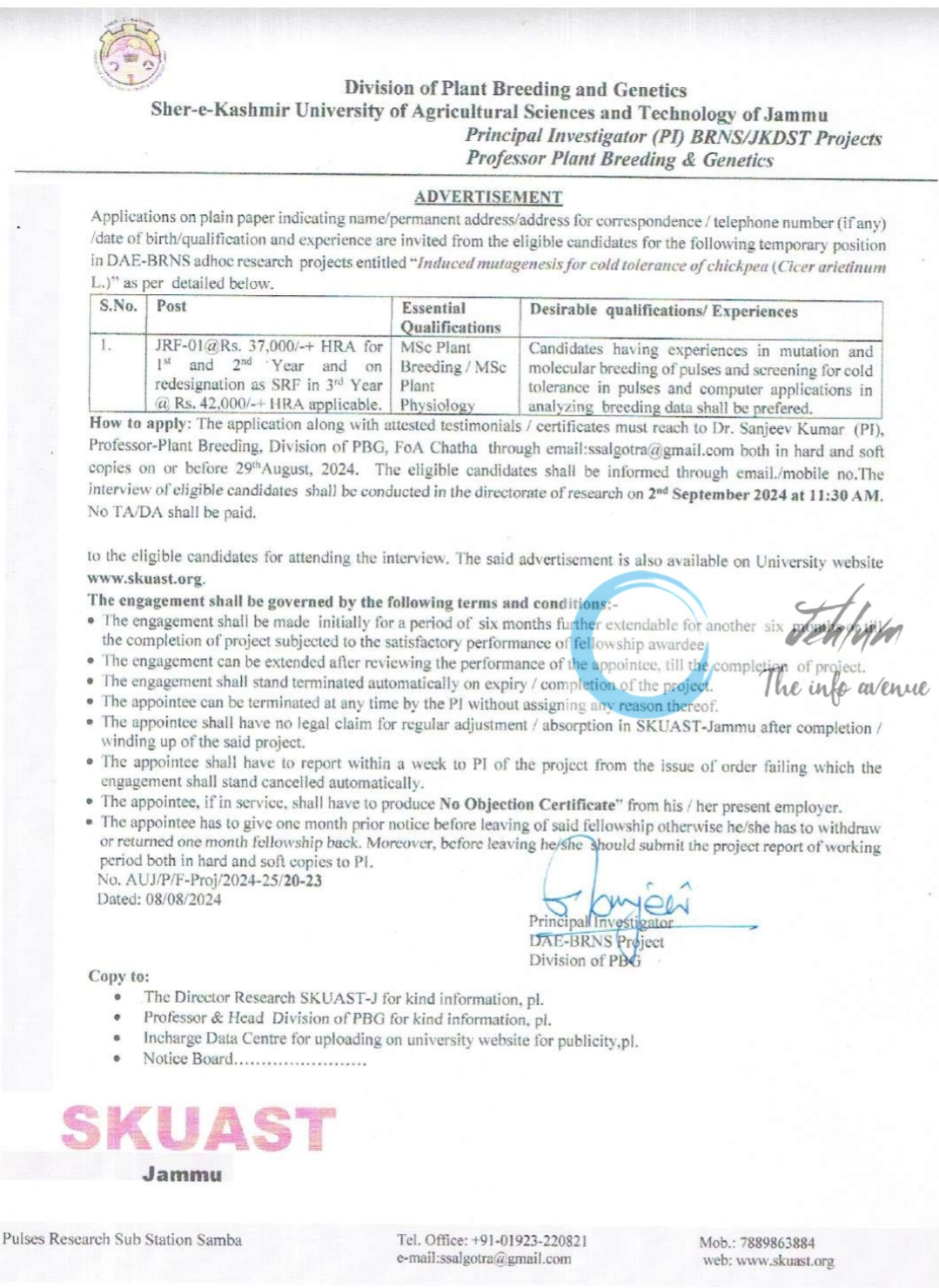 SKUAST Jammu Division of Plant Breeding and Genetics DAE-BRNS JRF Advertisement Notice 2024