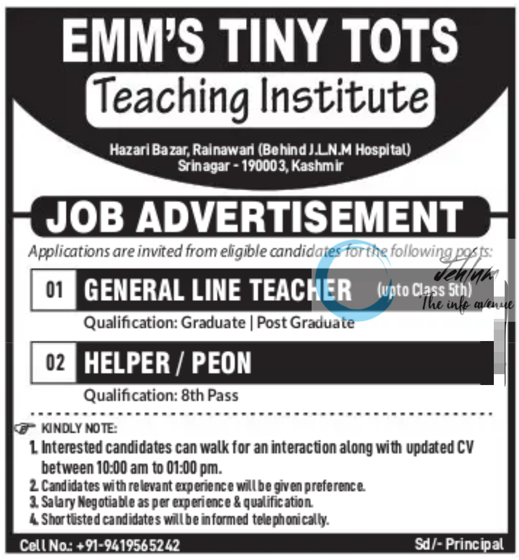 EMM'S TINY TOTS SRINAGAR JOB ADVERTISEMENT 2024