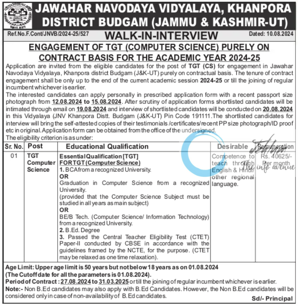 JAWAHAR NAVODAYA VIDYALAYA JNV BUDGAM TGT WALK-IN-INTERVIEW 2024