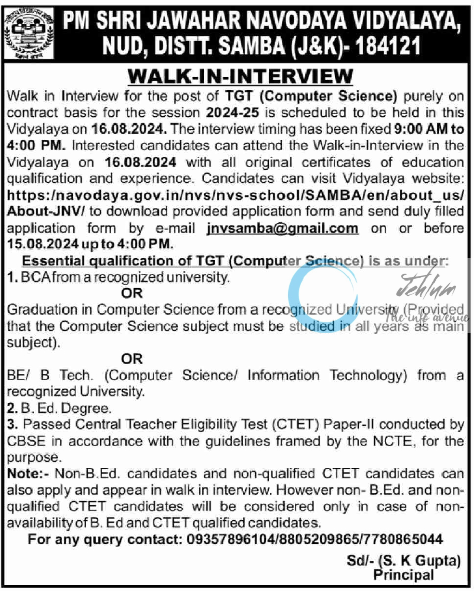 JAWAHAR NAVODAYA VIDYALAYA JNV SAMBA WALK-IN-INTERVIEW NOTIFICATION 2024