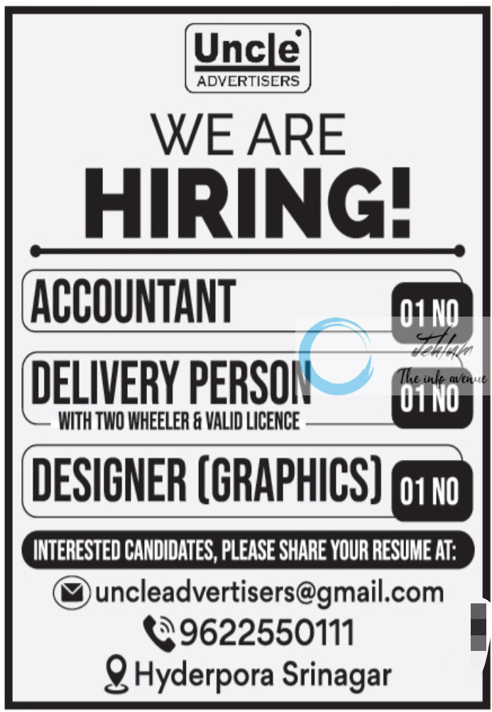 UNCLE ADVERTISERS SRINAGAR JOBS ADVERTISEMENT 2024