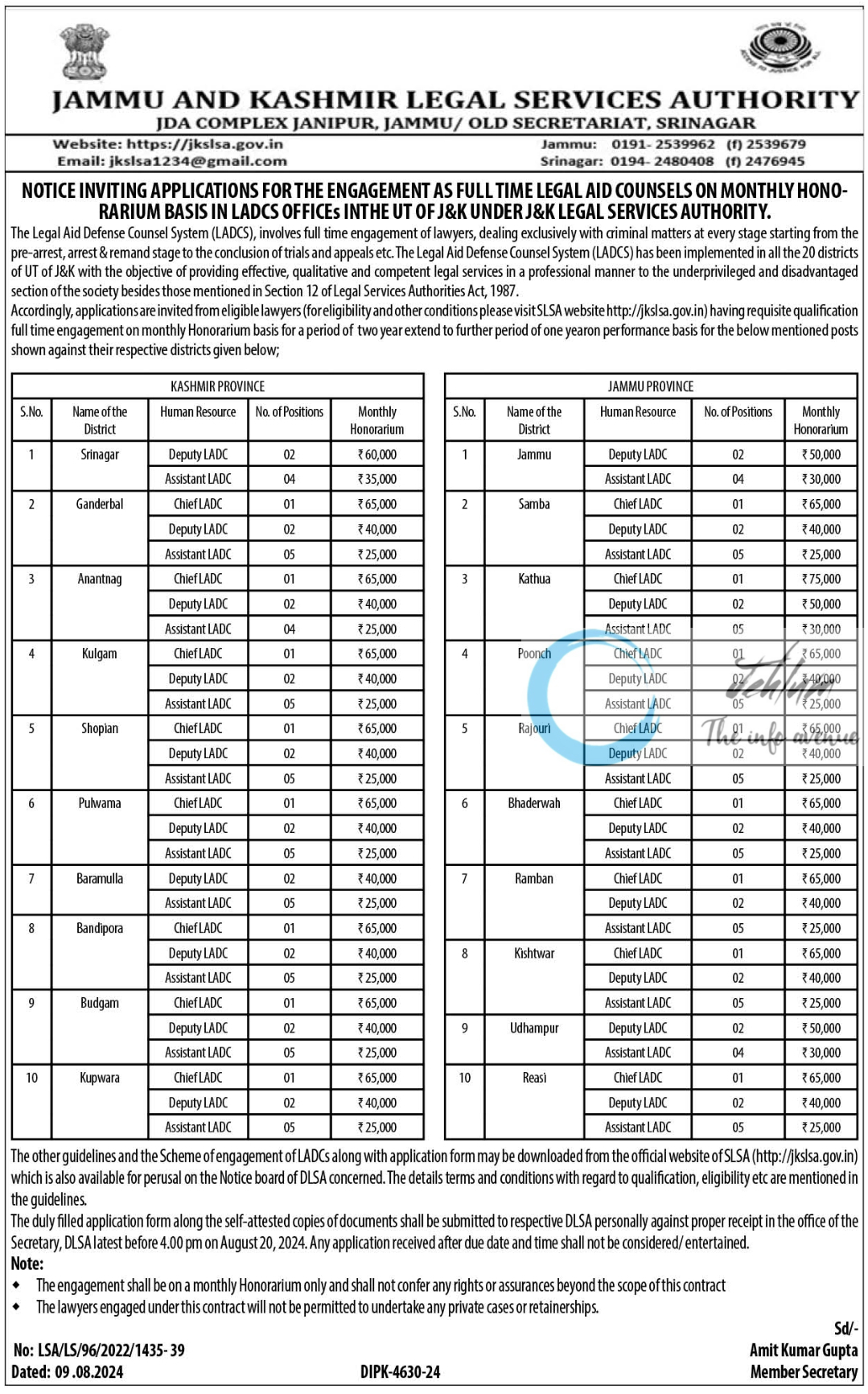 J&K LEGAL SERVICES AUTHORITY LEGAL AID COUNSELS RECRUITMENT ADVERTISEMENT NOTICE 2024