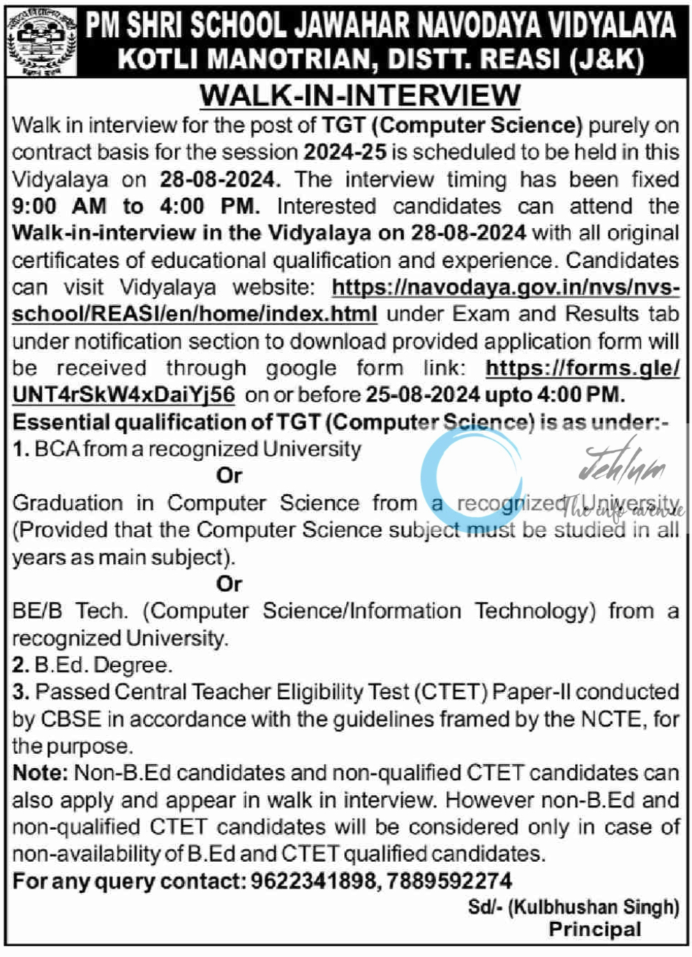 JAWAHAR NAVODAYA VIDYALAYA JNV REASI TGT WALK-IN-INTERVIEW NOTIFICATION 2024