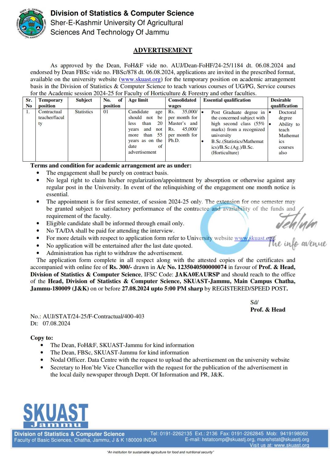 SKUAST Jammu Division of Statistics & Computer Science Academic Arrangement Advertisement Notice 2024