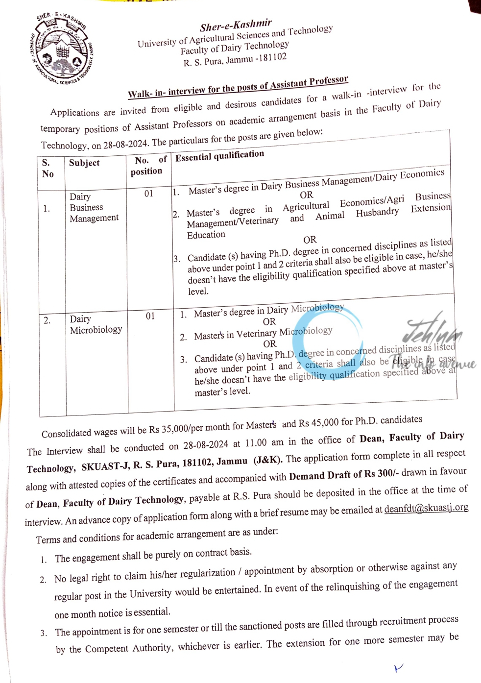 SKUAST Jammu Faculty of Dairy Technology Assistant Professor Recruitment Walk-in-Interview Advertisement Notice 2024