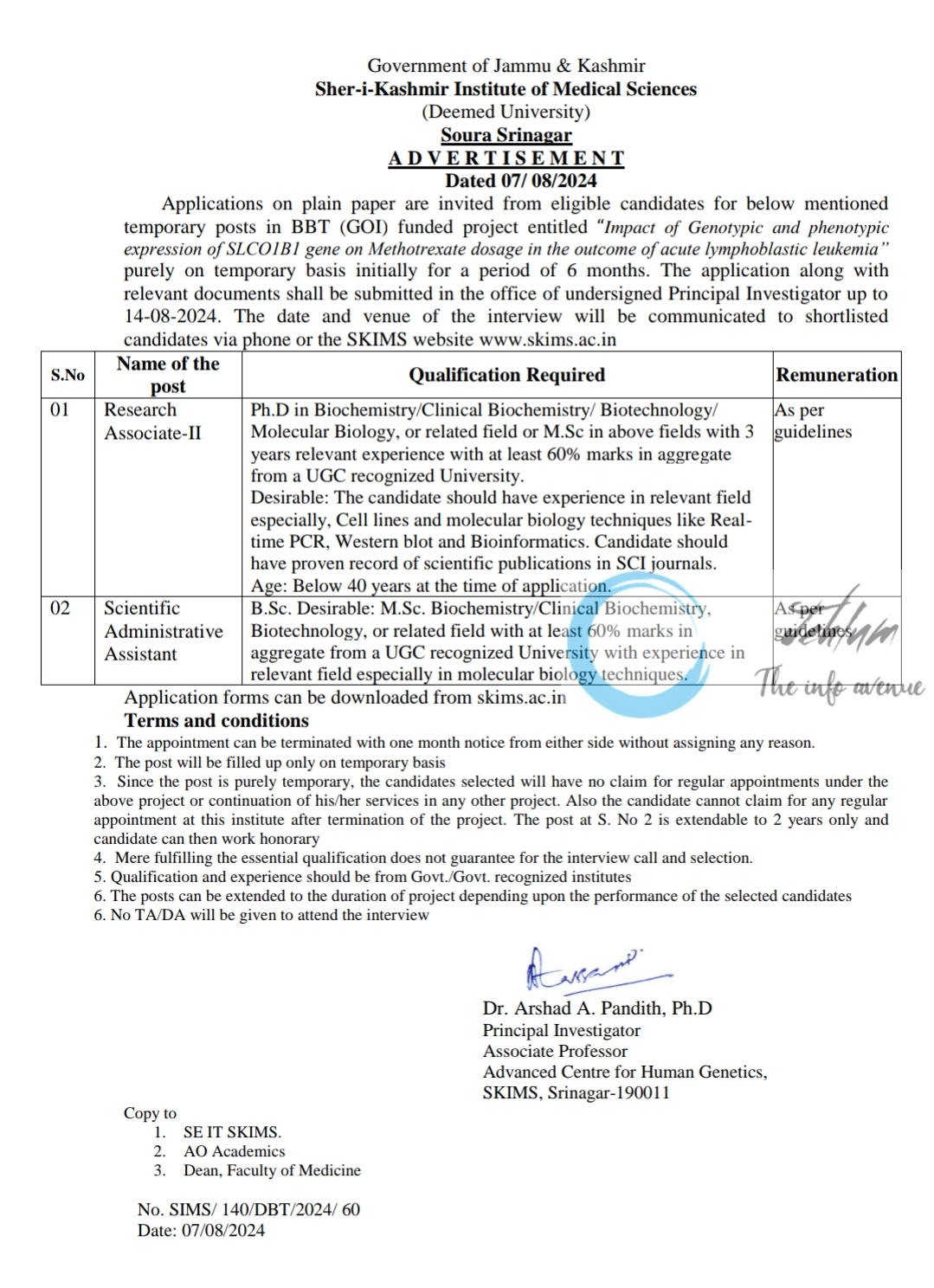 SKIMS Soura Srinagar Advertisement Notice No SIMS/140/DBT/2024/60