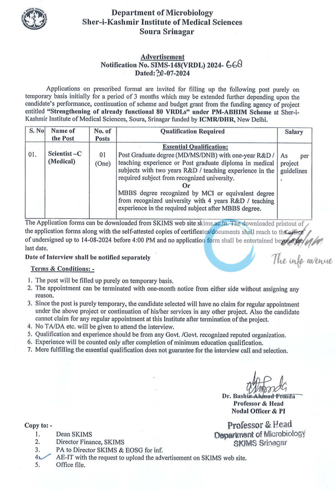 SKIMS Soura Deptt of Microbiology Advertisement No SIMS-148 VRDL 2024-668