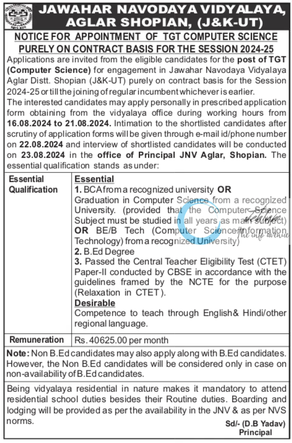 JAWAHAR NAVODAYA VIDYALAYA JNV SHOPIAN TGT RECRUITMENT NOTICE 2024