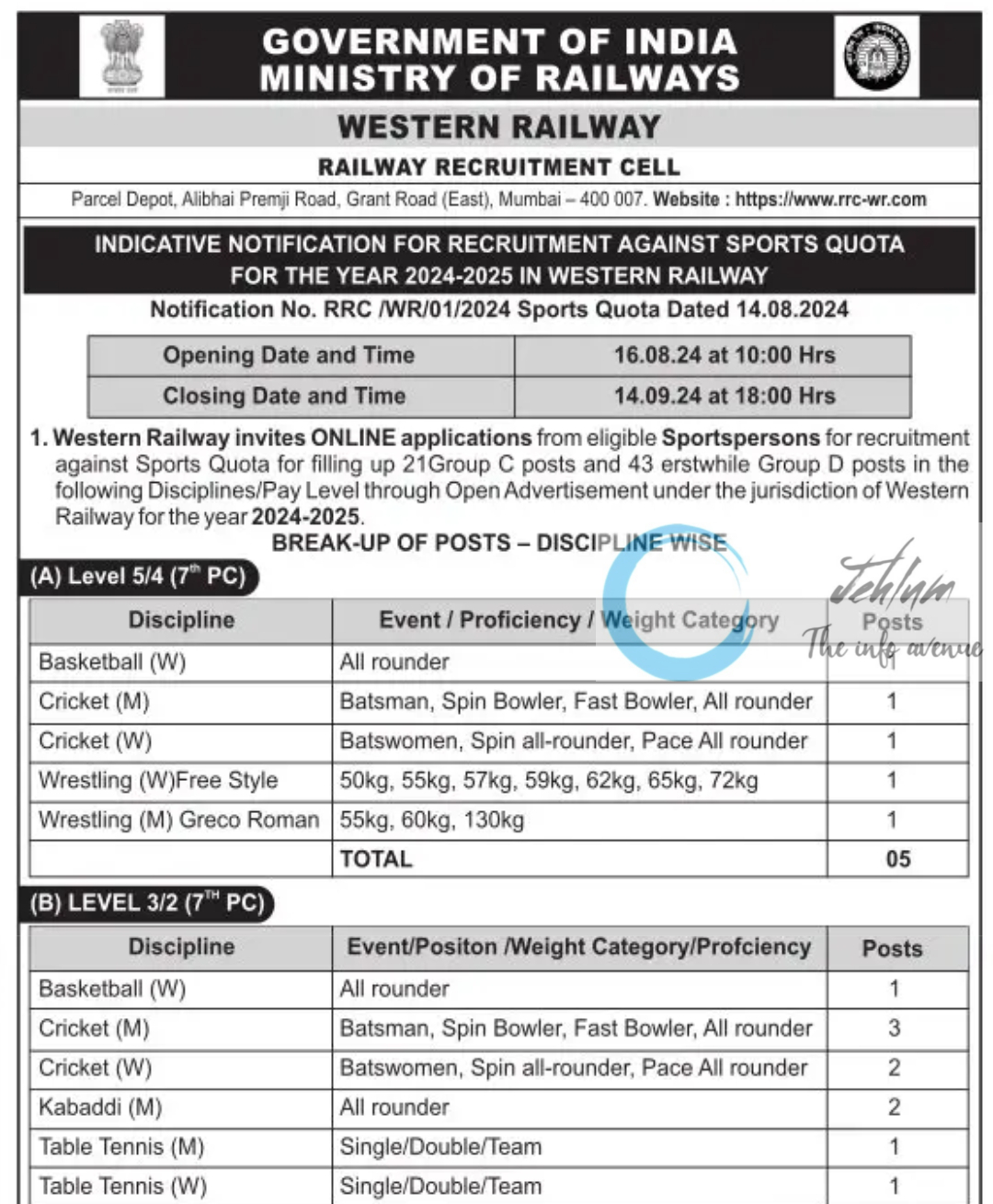 WESTERN RAILWAY RECRUITMENT CELL RECRUITMENT NOTIFICATION AGAINST SPORTS QUOTA 2024