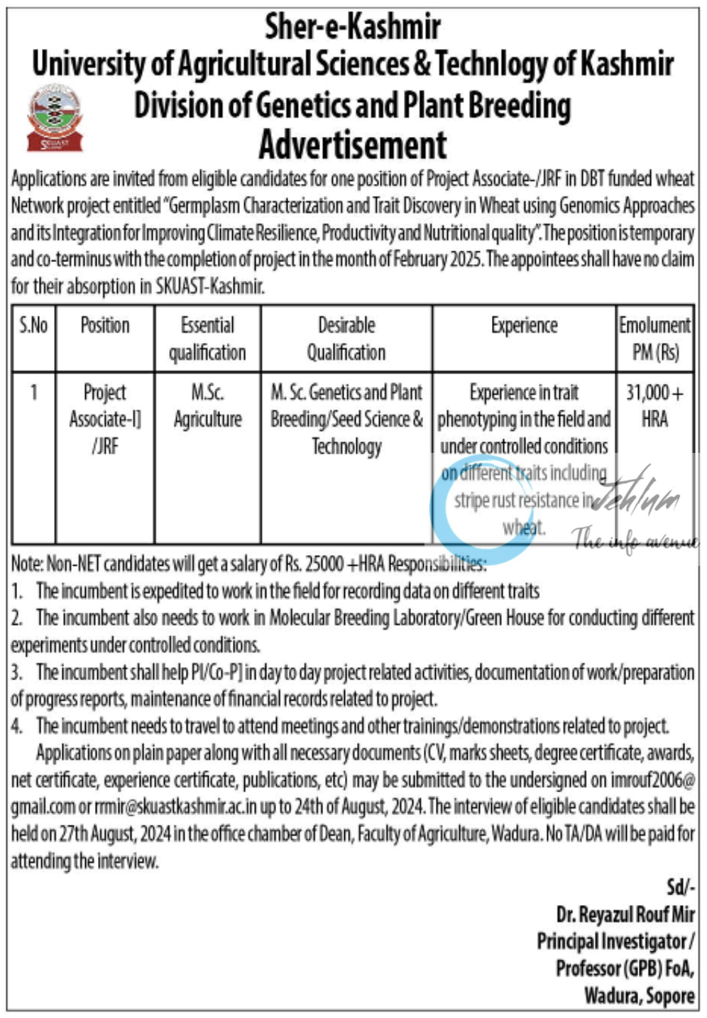 SKUAST Kashmir Division of Genetics and Plant Breeding Project Associate-/JRF Advertisement Notice 2024