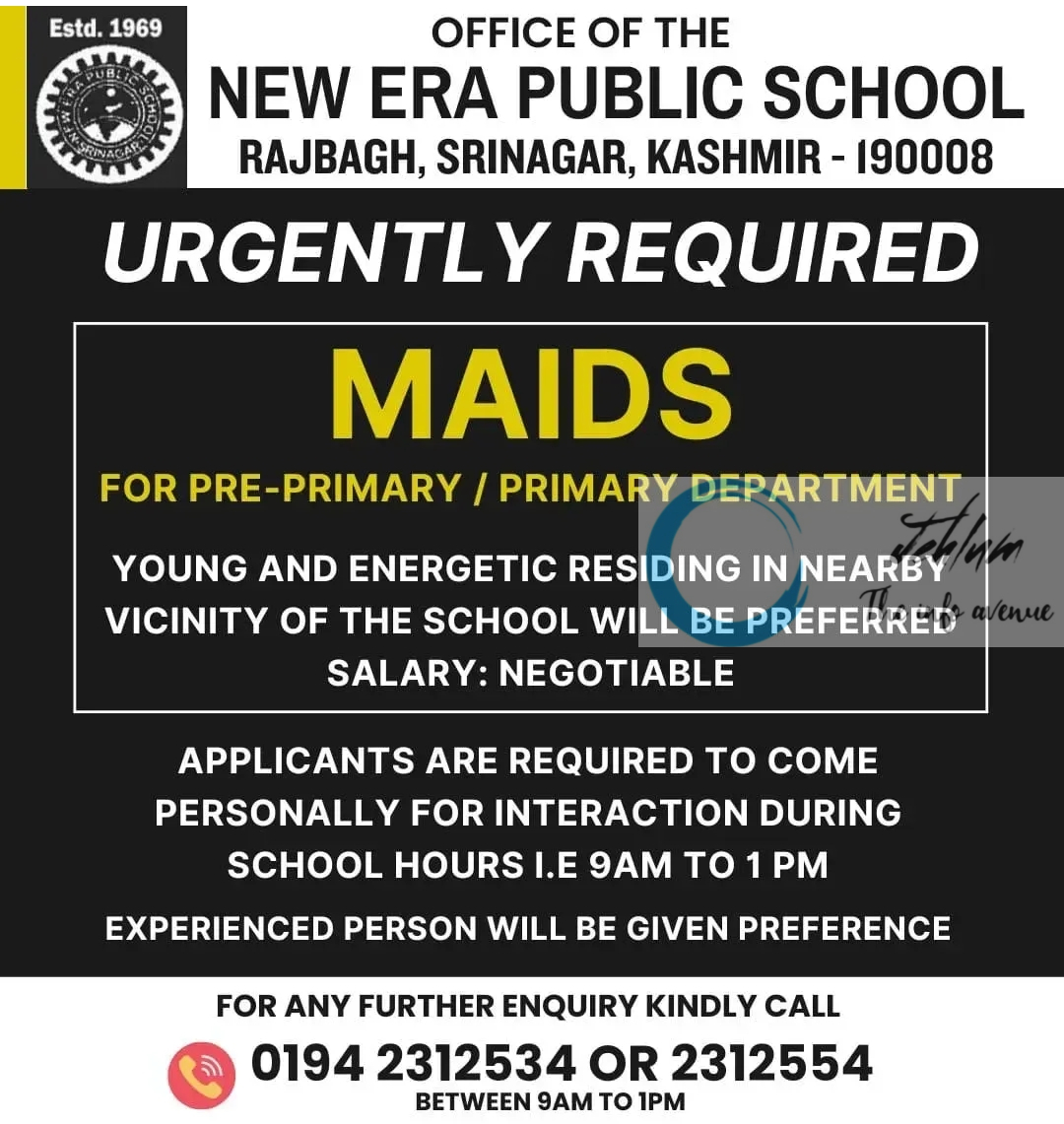 NEW ERA PUBLIC SCHOOL SRINAGAR JOBS 2024