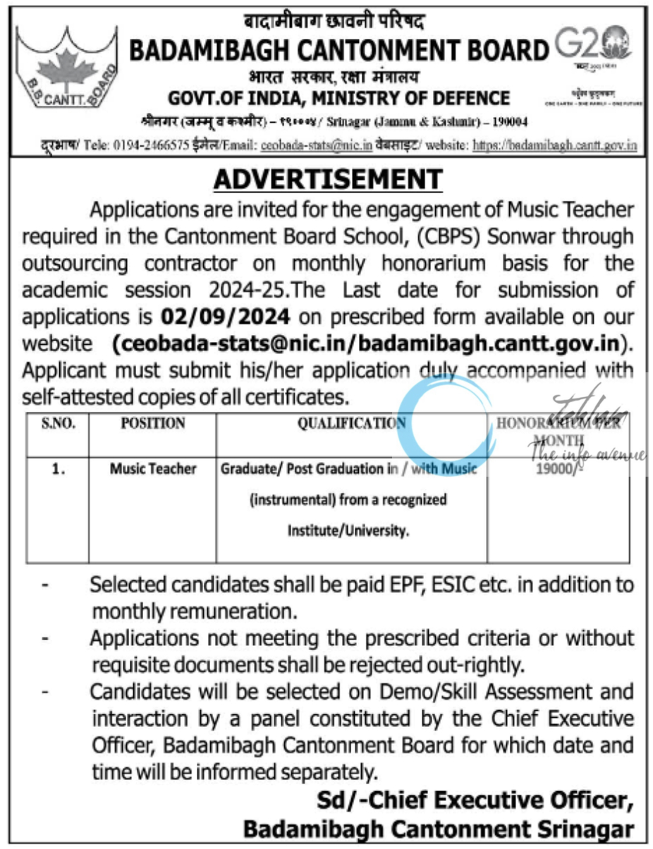 BADAMIBAGH CANTONMENT BOARD SCHOOL SRINAGAR JOBS 2024