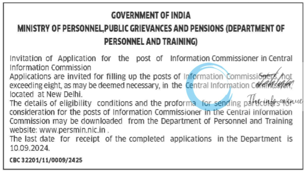 DEPARTMENT OF PERSONNEL AND TRAINING INFORMATION COMMISSIONER RECRUITMENT ADVERTISEMENT NOTICE 2024