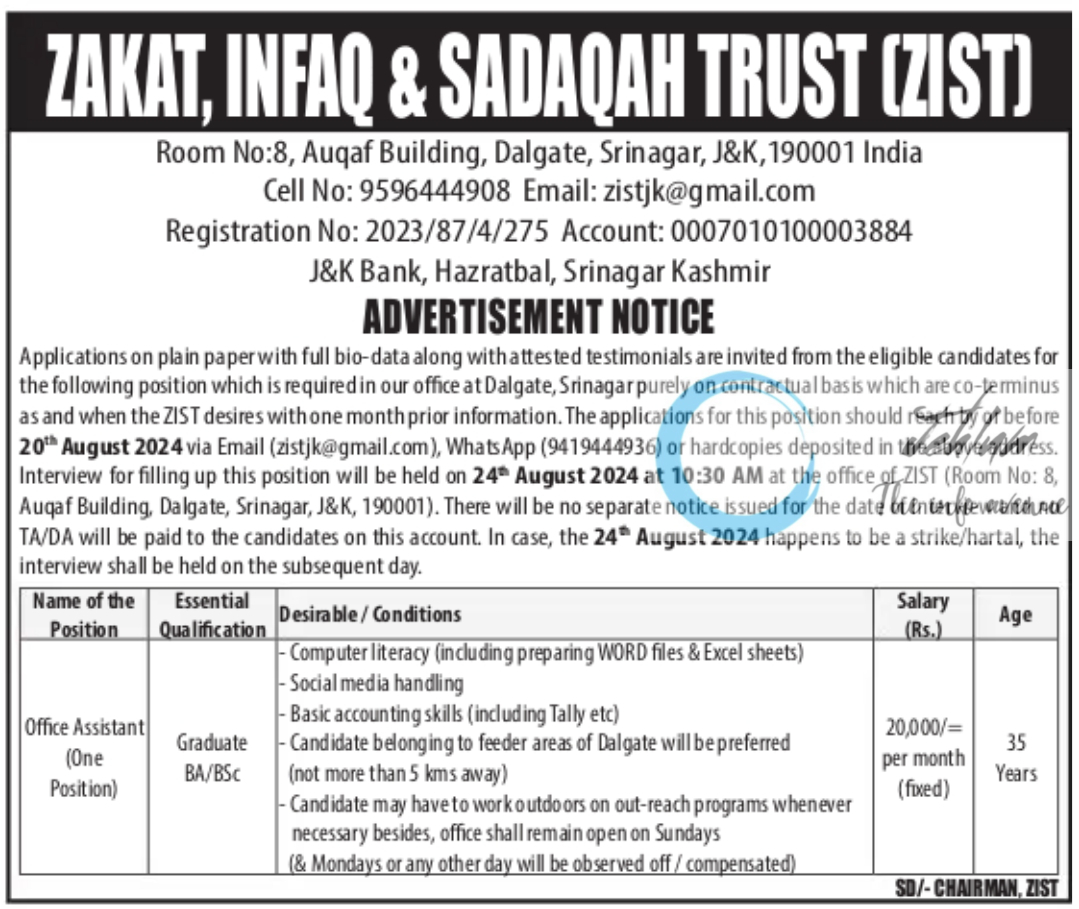 ZAKAT INFAQ & SADAQAH TRUST ZIST SRINAGAR JOBS OPENINGS 2024