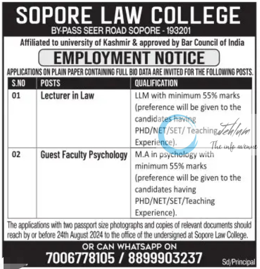 SOPORE LAW COLLEGE JOBS ADVERTISEMENT NOTICE 2024