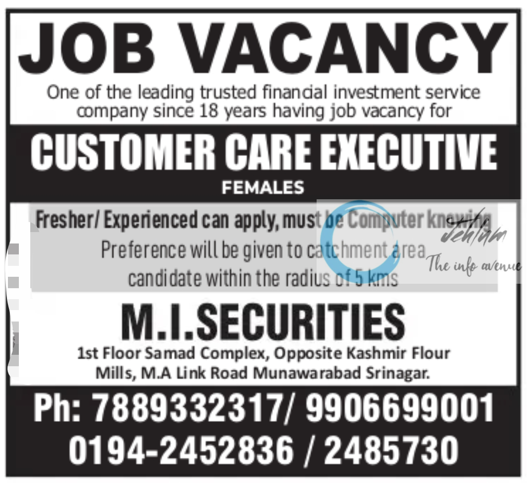 M I SECURITIES SRINAGAR CUSTOMER CARE JOBS OPENINGS 2024