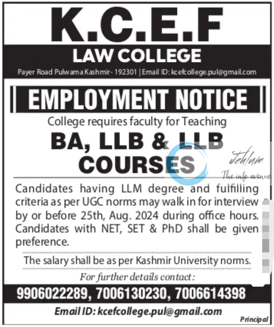 KCEF LAW COLLEGE PULWAMA JOBS ADVERTISEMENT 2024