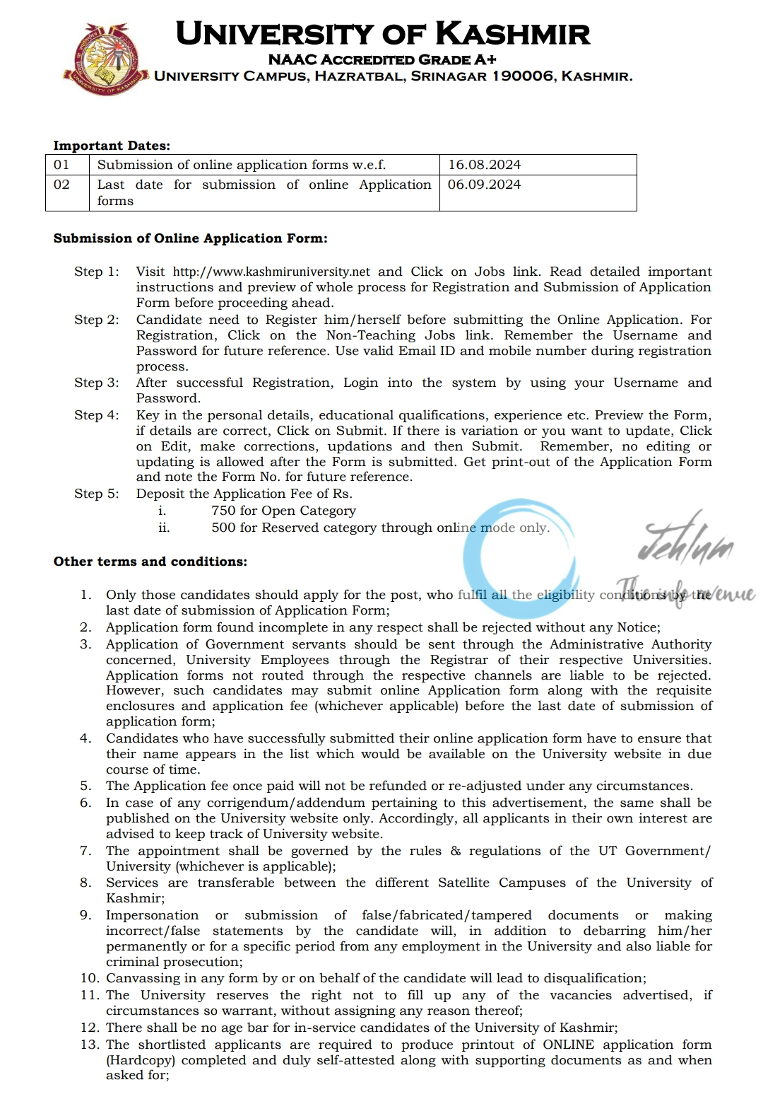 University Of Kashmir Technical Assistants Advertisement Notice No 01 of 2024