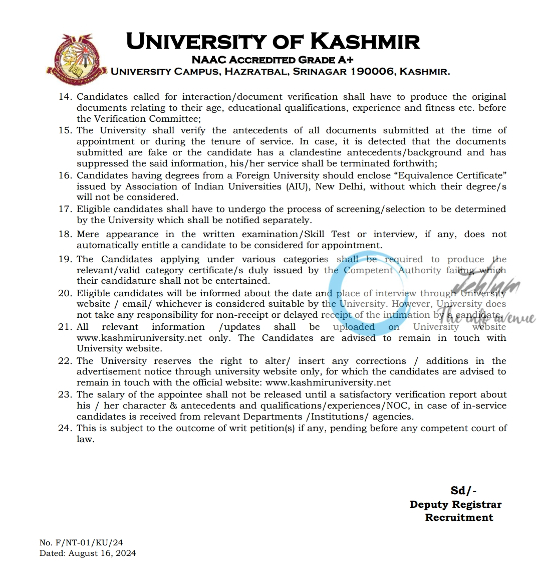 University Of Kashmir Technical Assistants Advertisement Notice No 01 of 2024