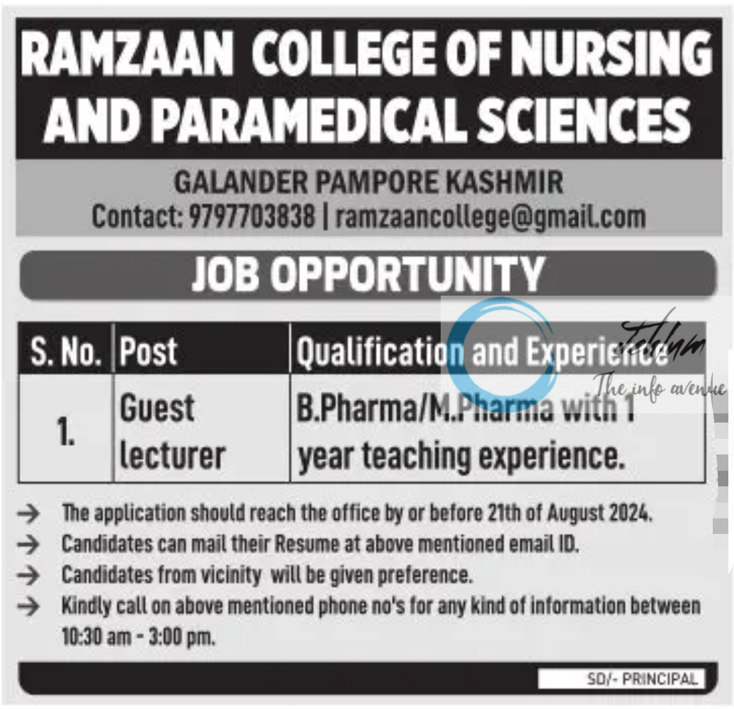 RAMZAAN COLLEGE OF NURSING AND PARAMEDICAL SCIENCES PAMPORE JOB OPPORTUNITY 2024