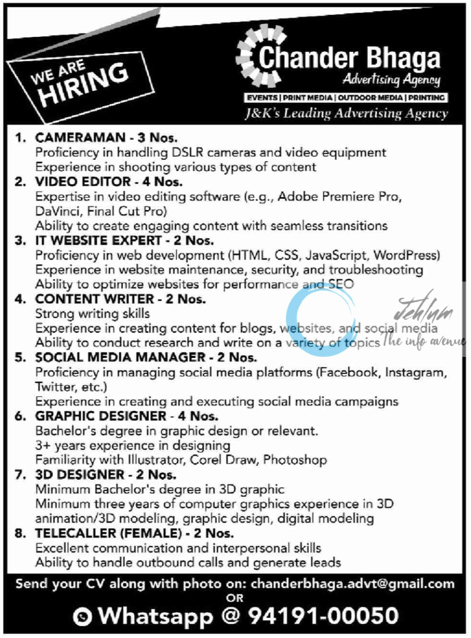 Chander Bhaga Advertising Agency Jammu Jobs Vacancy 2024