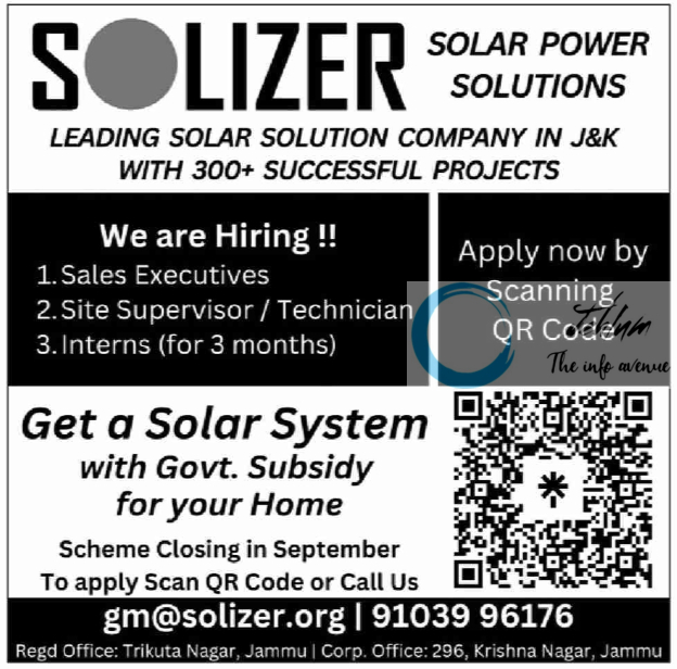 SOLIZER SOLAR POWER JAMMU JOBS OPENINGS 2024