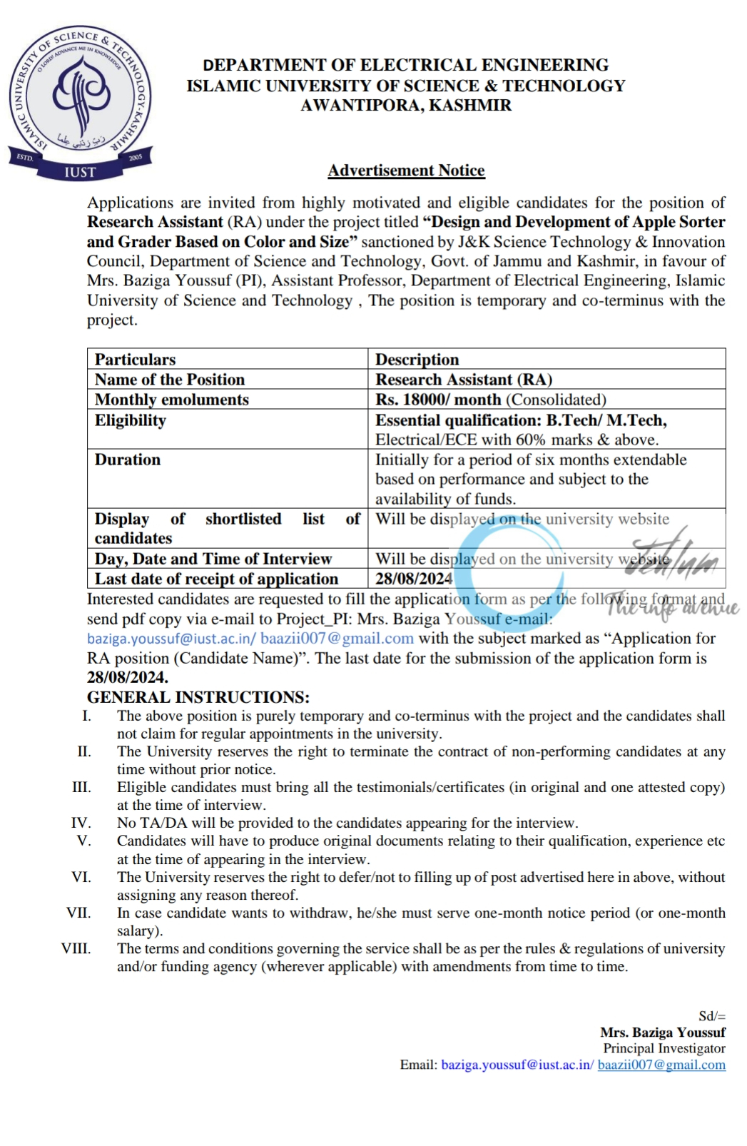 IUST AWANTIPORA DEPTT OF ELECTRICAL ENGINEERING RESEARCH ASSISTANT ADVERTISEMENT NOTICE 2024