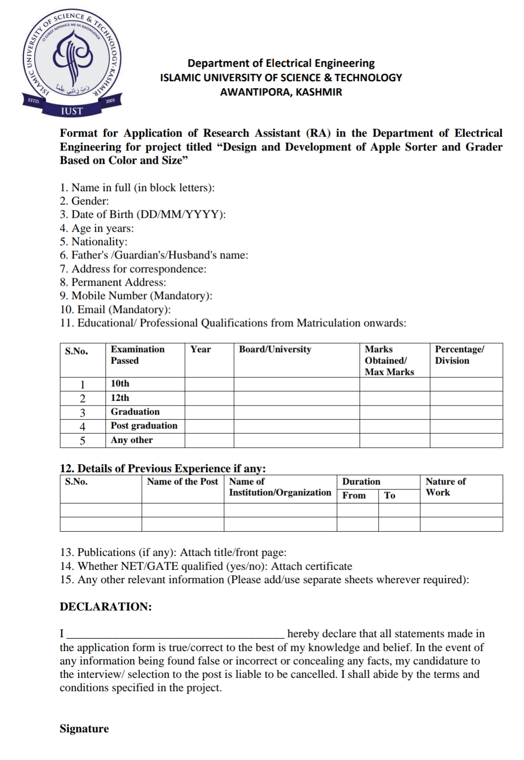 IUST AWANTIPORA DEPTT OF ELECTRICAL ENGINEERING RESEARCH ASSISTANT ADVERTISEMENT NOTICE 2024