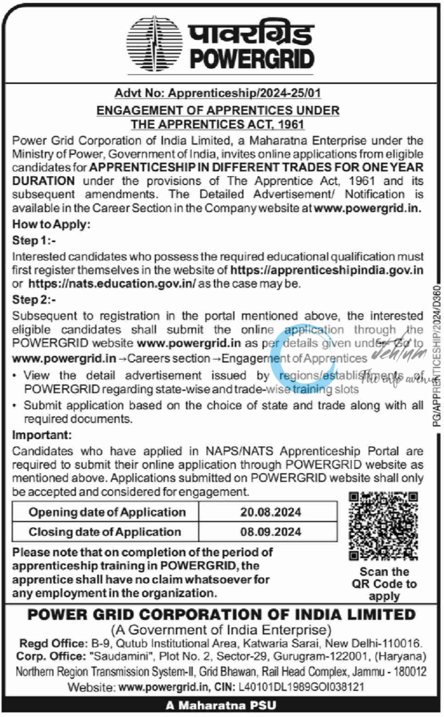 POWERGRID INDIA APPRENTICESHIP ADVT NO Apprenticeship/2024-25/01