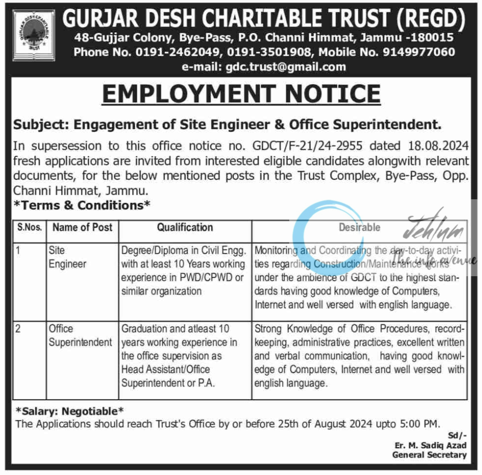 GURJAR DESH CHARITABLE TRUST JAMMU EMPLOYMENT NOTICE 2024