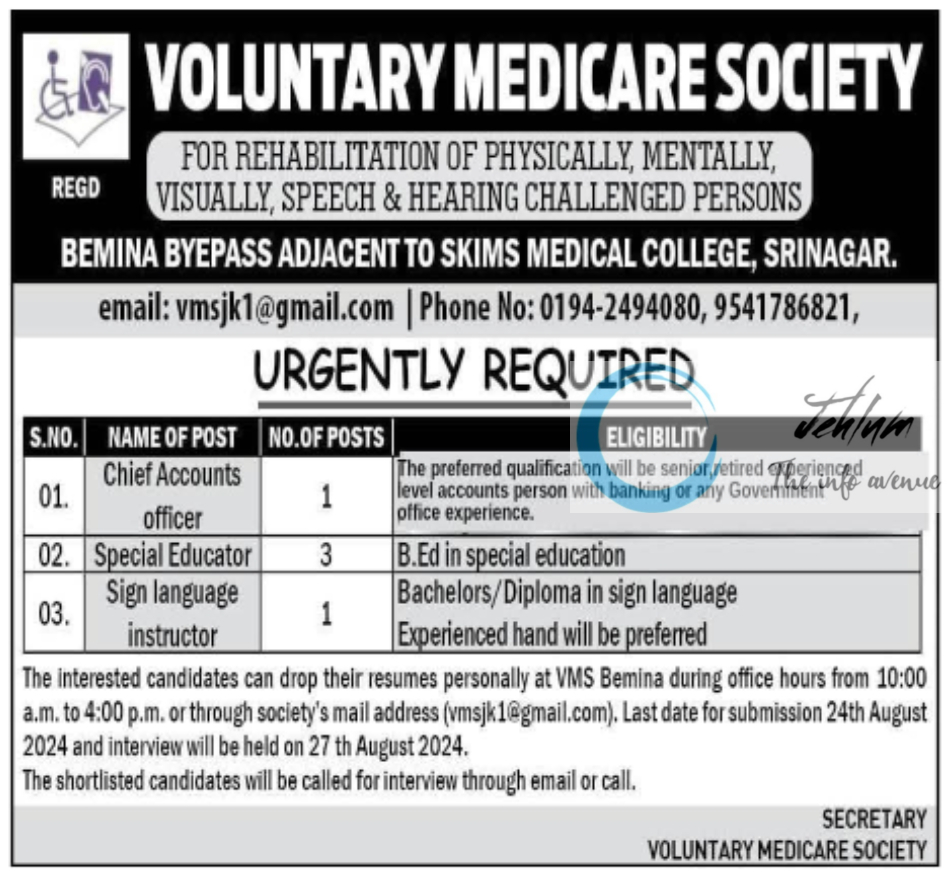 VOLUNTARY MEDICARE SOCIETY VMS SRINAGAR JOBS 2024